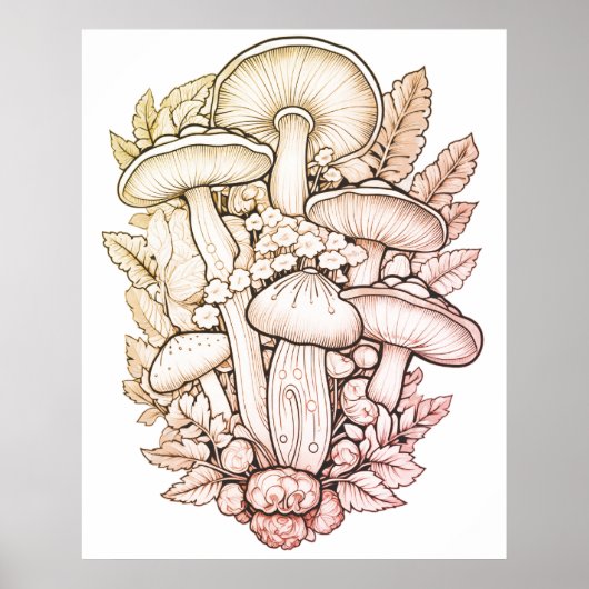 Psychedelische Paddenstoelen Zwarte Achtergrond Op Poster (Voorkant)