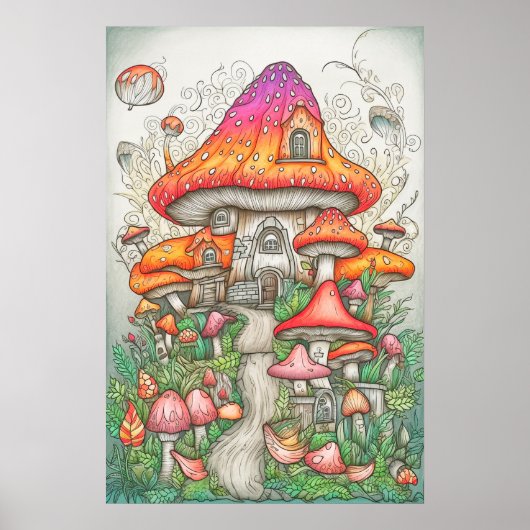 Psychedelische paddenstoelenvallei in het bos poster (Voorkant)