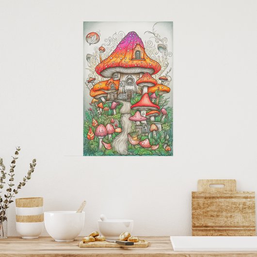 Psychedelische paddenstoelenvallei in het bos poster (Keuken)