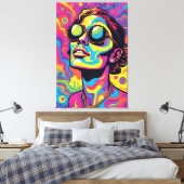Psychedelische Pop Art Portrait – Vibrant Neon Tri Canvas Afdruk (Insitu (Slaapkamer))