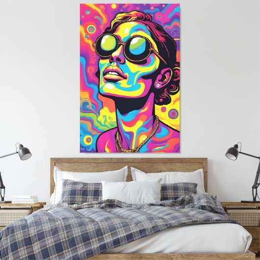 Psychedelische Pop Art Portrait – Vibrant Neon Tri Canvas Afdruk (Insitu (Slaapkamer))