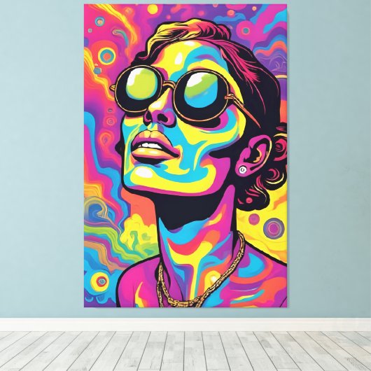 Psychedelische Pop Art Portrait – Vibrant Neon Tri Canvas Afdruk (Insitu (Houten vloer))