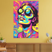 Psychedelische Pop Art Portrait – Vibrant Neon Tri Canvas Afdruk (Insitu (Woonkamer))