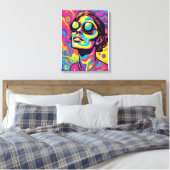 Psychedelische Pop Art Portrait – Vibrant Neon Tri Canvas Afdruk (Insitu (Slaapkamer))
