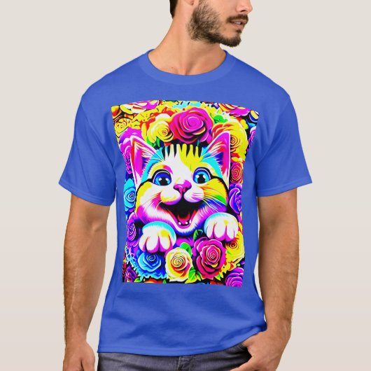 Psychedelische regenboogkat in een bloeiende tuin  t-shirt (Voorkant)