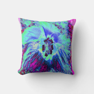 Psychedelische Retro Groene en Blauwe Hibiscus Blo Kussen