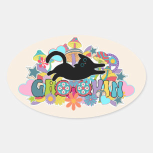 Psychedelische Retro Groovin Zwarte Kat Hippie Kun Ovale Sticker