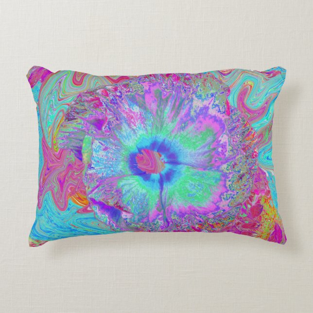 Psychedelische Retro Regenboog Blauwe Hibiscus Accent Kussen (Voorkant)