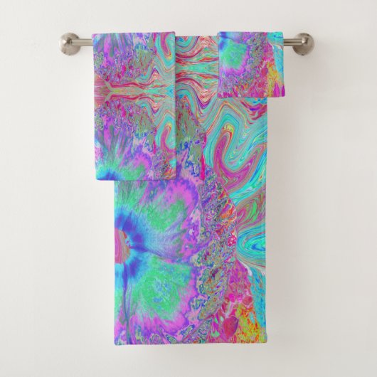 Psychedelische Retro Regenboog Blauwe Hibiscus Bad Handdoek (Insitu)