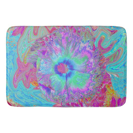 Psychedelische Retro Regenboog Blauwe Hibiscus Badmat (Voorkant)