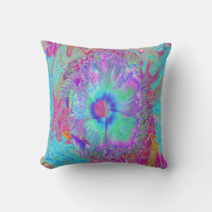 Psychedelische Retro Regenboog Blauwe Hibiscus Kussen