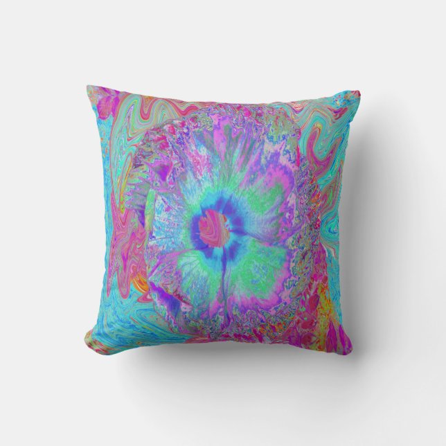 Psychedelische Retro Regenboog Blauwe Hibiscus Kussen (Voorkant)