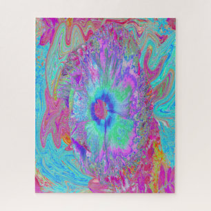 Psychedelische Retro Regenboog Blauwe Hibiscus Legpuzzel