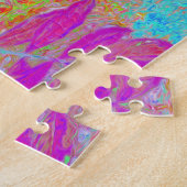 Psychedelische Retro Regenboog Blauwe Hibiscus Legpuzzel (Zijkant)