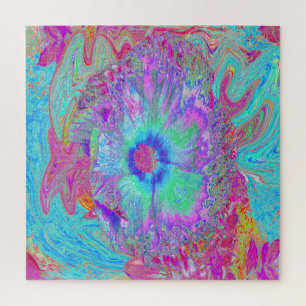 Psychedelische Retro Regenboog Blauwe Hibiscus Legpuzzel