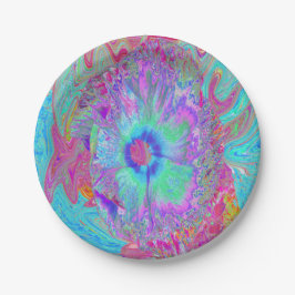 Psychedelische Retro Regenboog Blauwe Hibiscus Papieren Bordje