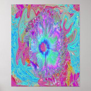 Psychedelische Retro Regenboog Blauwe Hibiscus Poster