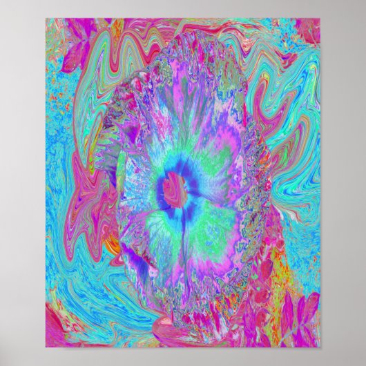 Psychedelische Retro Regenboog Blauwe Hibiscus Poster (Voorkant)