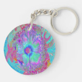 Psychedelische Retro Regenboog Blauwe Hibiscus Sleutelhanger (Achterkant)