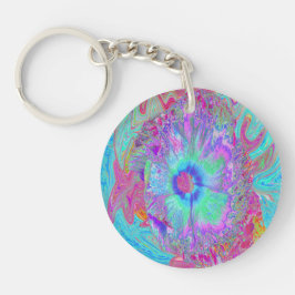 Psychedelische Retro Regenboog Blauwe Hibiscus Sleutelhanger