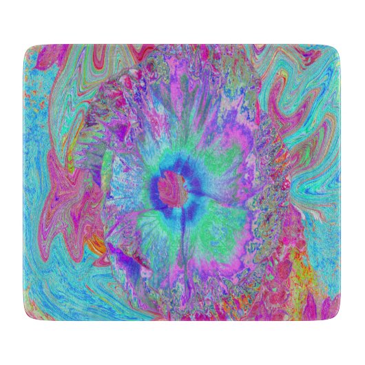 Psychedelische Retro Regenboog Blauwe Hibiscus Snijplank (Voorkant)