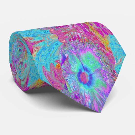 Psychedelische Retro Regenboog Blauwe Hibiscus Stropdas (Opgerold)