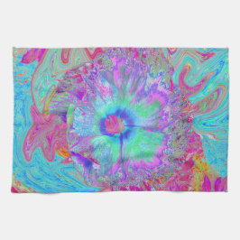 Psychedelische Retro Regenboog Blauwe Hibiscus Theedoek