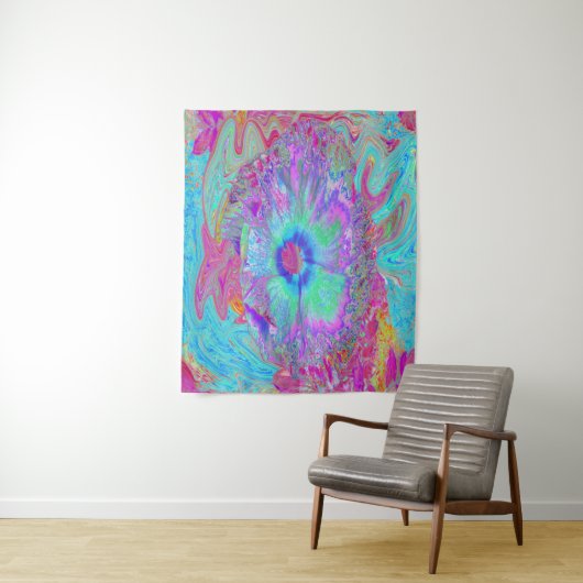 Psychedelische Retro Regenboog Blauwe Hibiscus Wandkleed (In situ)
