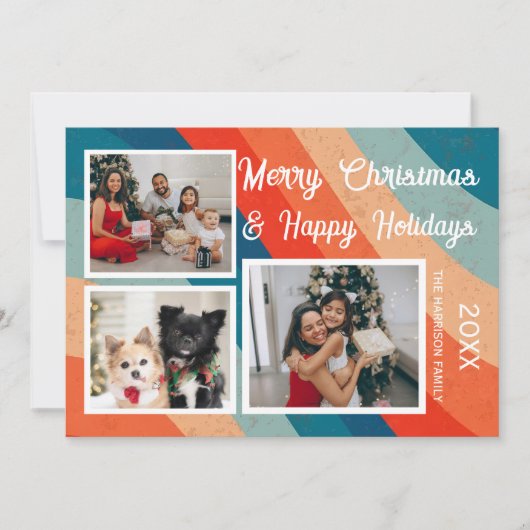 Psychedelische Retro Wave Drie Foto's van Kerstmis Feestdagenkaart (Voorkant)