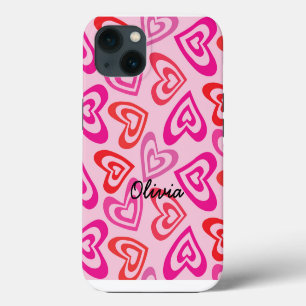 Psychedelische Rode en Roze Harten Naam iPhone 13 Hoesje
