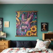 Psychedelische Roze Gitaar Gele Bloemen Blauwgroen Hangend Wandkleed