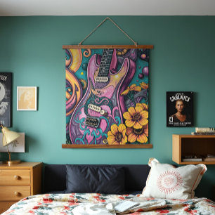 Psychedelische Roze Gitaar Gele Bloemen Blauwgroen Hangend Wandkleed