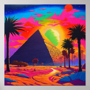 Psychedelische Roze Oranje Egyptische Piramide Poster