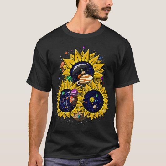 Psychedelische ruimte zonnebloemen t-shirt (Voorkant)
