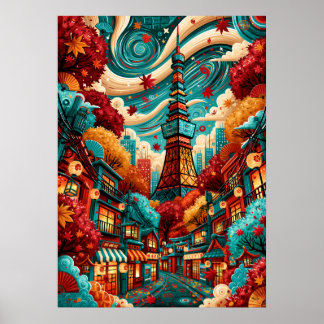 Psychedelische stadspanorama van Tokio Tower Poster