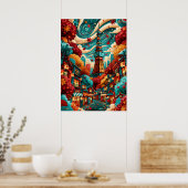 Psychedelische stadspanorama van Tokio Tower Poster (Keuken)