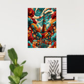 Psychedelische stadspanorama van Tokio Tower Poster (Thuiskantoor)