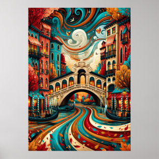 Psychedelische stadszicht van Venetië met Rialtobr Poster