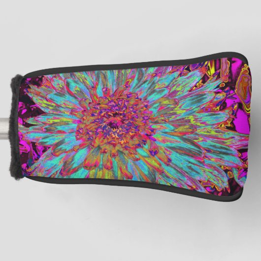Psychedelische Tealblauwe Abstracte Sierdahlia Golfheadcover (Voorkant)