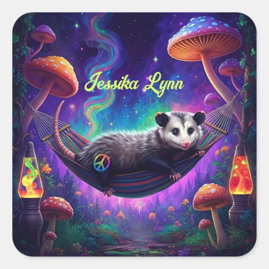 Psychedelische Trippy Hippie Opossum Custom Persoo Vierkante Sticker (Voorkant)