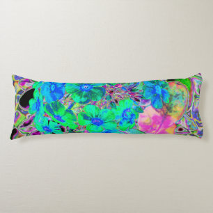 Psychedelische Trippy Limegroene en Blauwe Bloemen Lichaamskussen