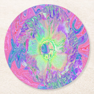 Psychedelische Trippy Limegroene en Paarse Hibiscu Ronde Kartonnen Onderzetter