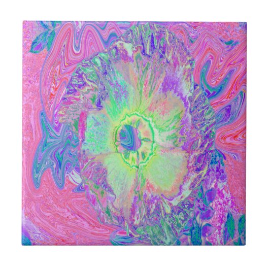 Psychedelische Trippy Limegroene en Paarse Hibiscu Tegeltje (Voorkant)