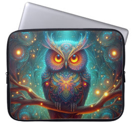 Psychedelische uil in een kosmisch bos laptop sleeve