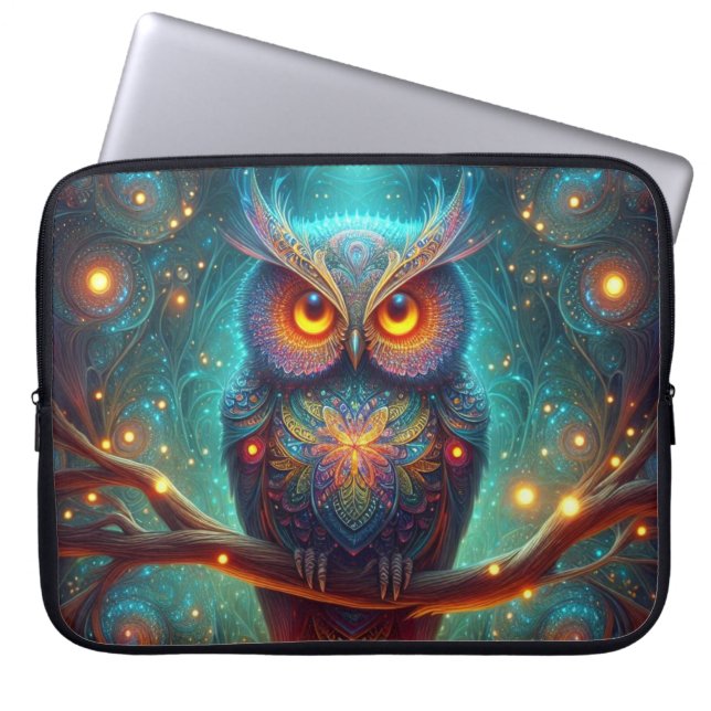 Psychedelische uil in een kosmisch bos laptop sleeve (Voorkant)