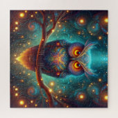 Psychedelische uil in een kosmisch bos legpuzzel (Horizontaal)