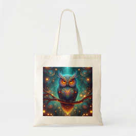 Psychedelische uil in een kosmisch bos tote bag