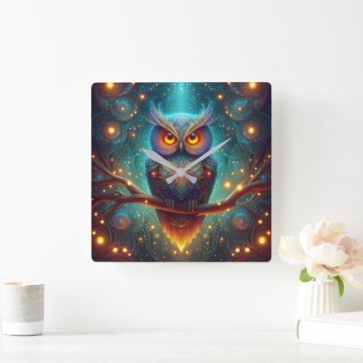Psychedelische uil in een kosmisch bos vierkante klok (Huis)