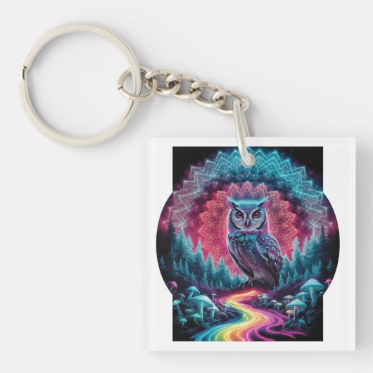 Psychedelische Uil Mandala - Trippy Bos Kunst Sleutelhanger (voorkant)