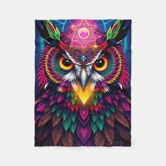 Psychedelische Uil: Neon Mandala Kunst Fleece Deken (Voorkant)